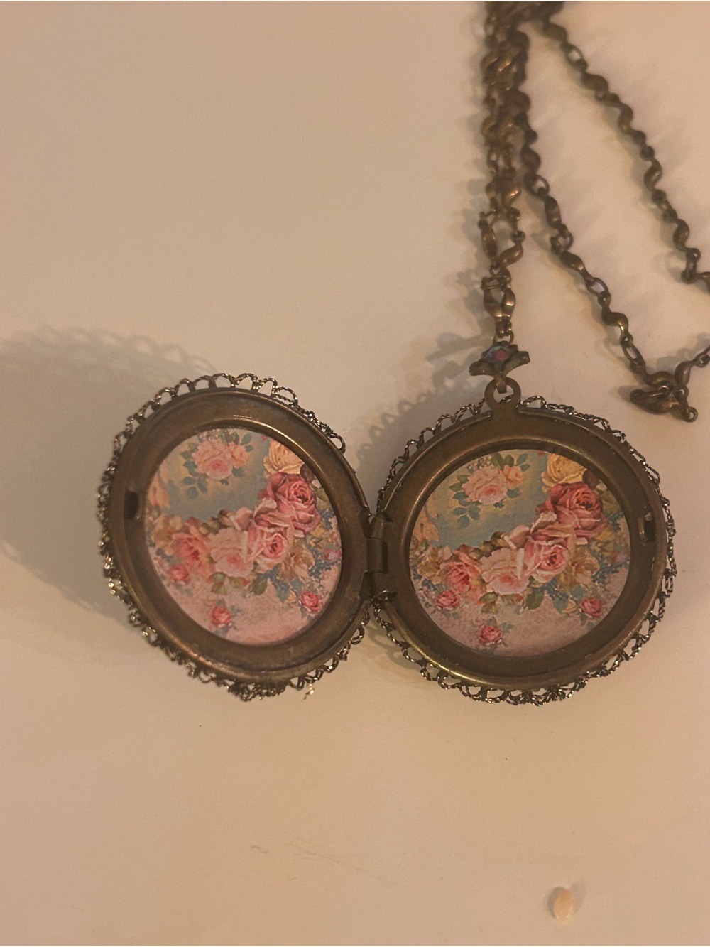 Vintage Michal Negrin Antique Bronze Tone Round Locket with Roses, Vine Chain - Picture 3 of 10